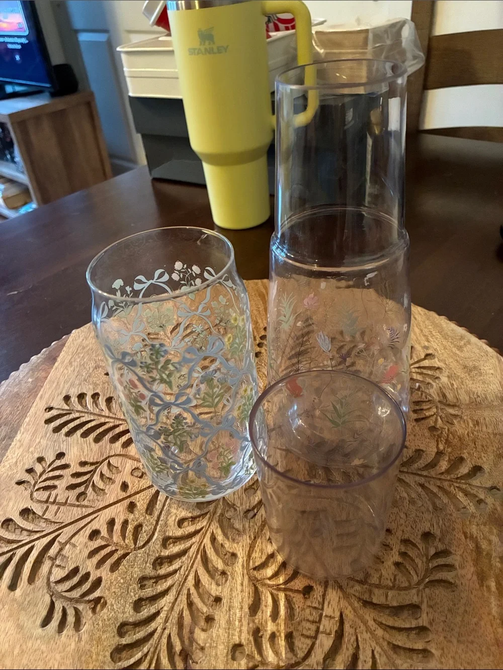 Stanley Yellow Tumbler with Floral Patterned Glasses